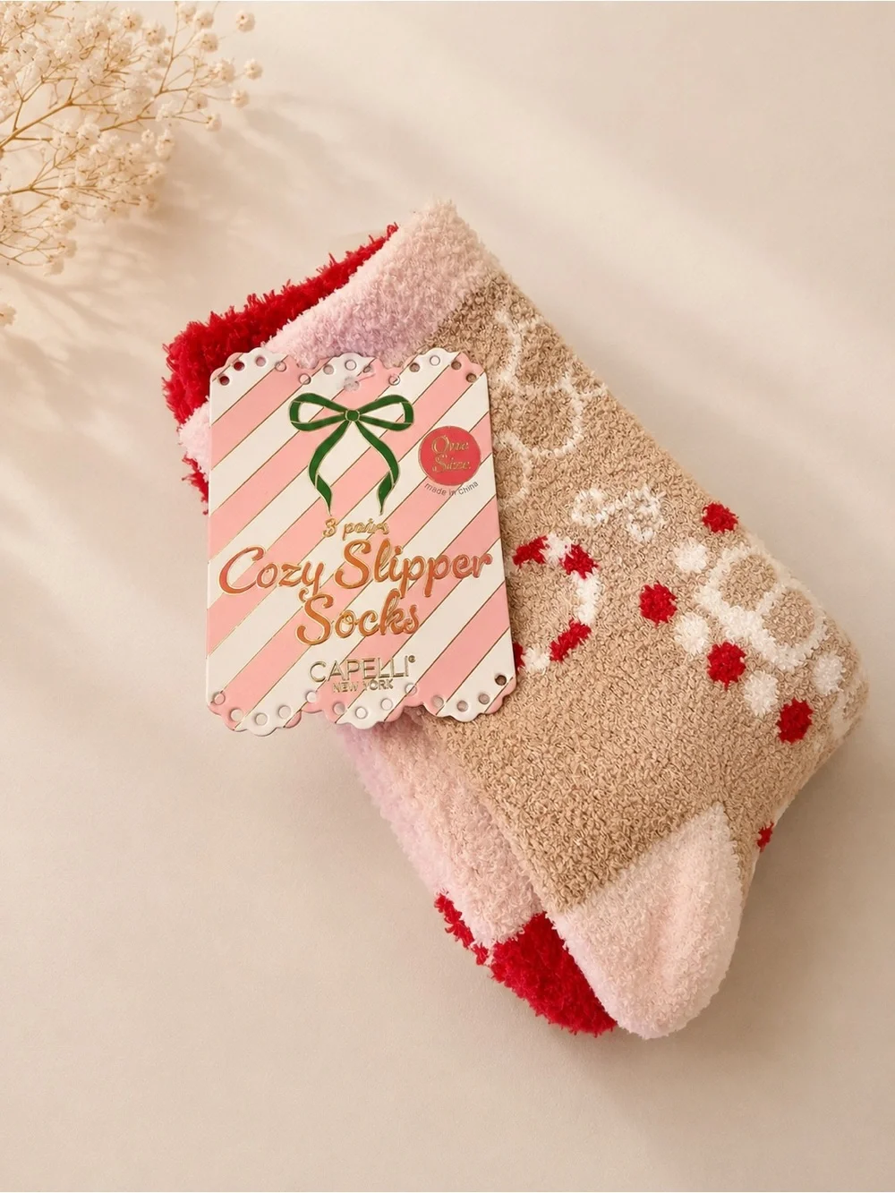 Cozy Slipper Socks with Red & Pink Accents